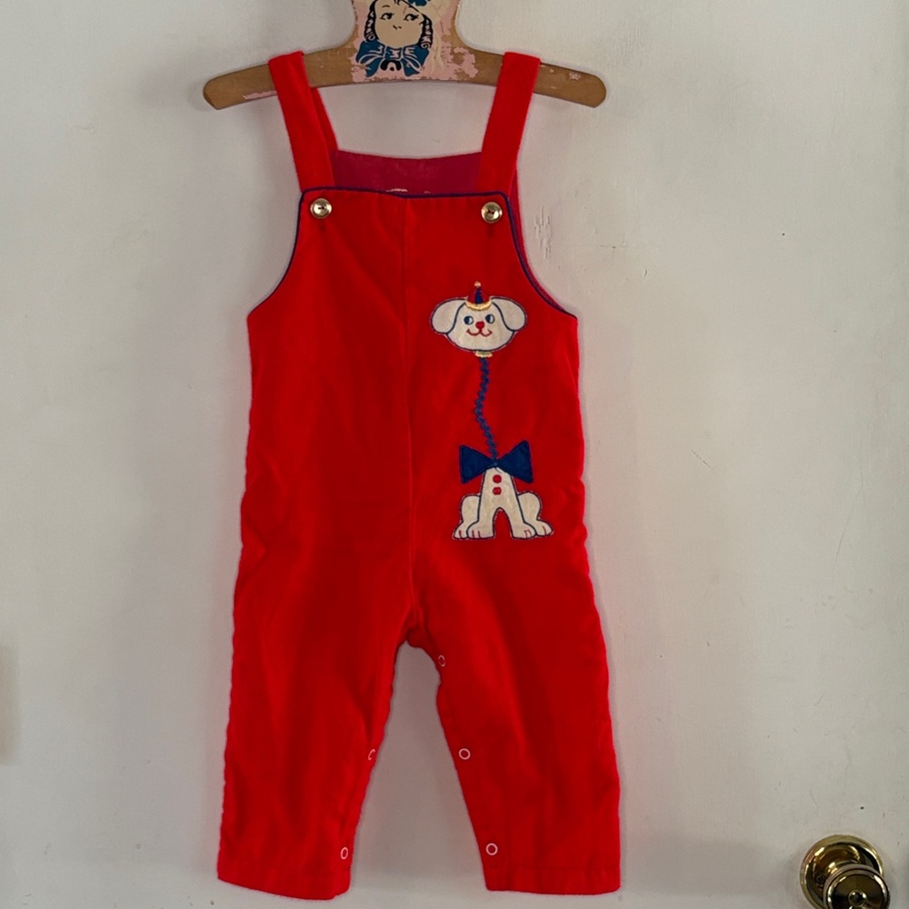 Vintage red overalls with puppy appliqué Size 12-18 months